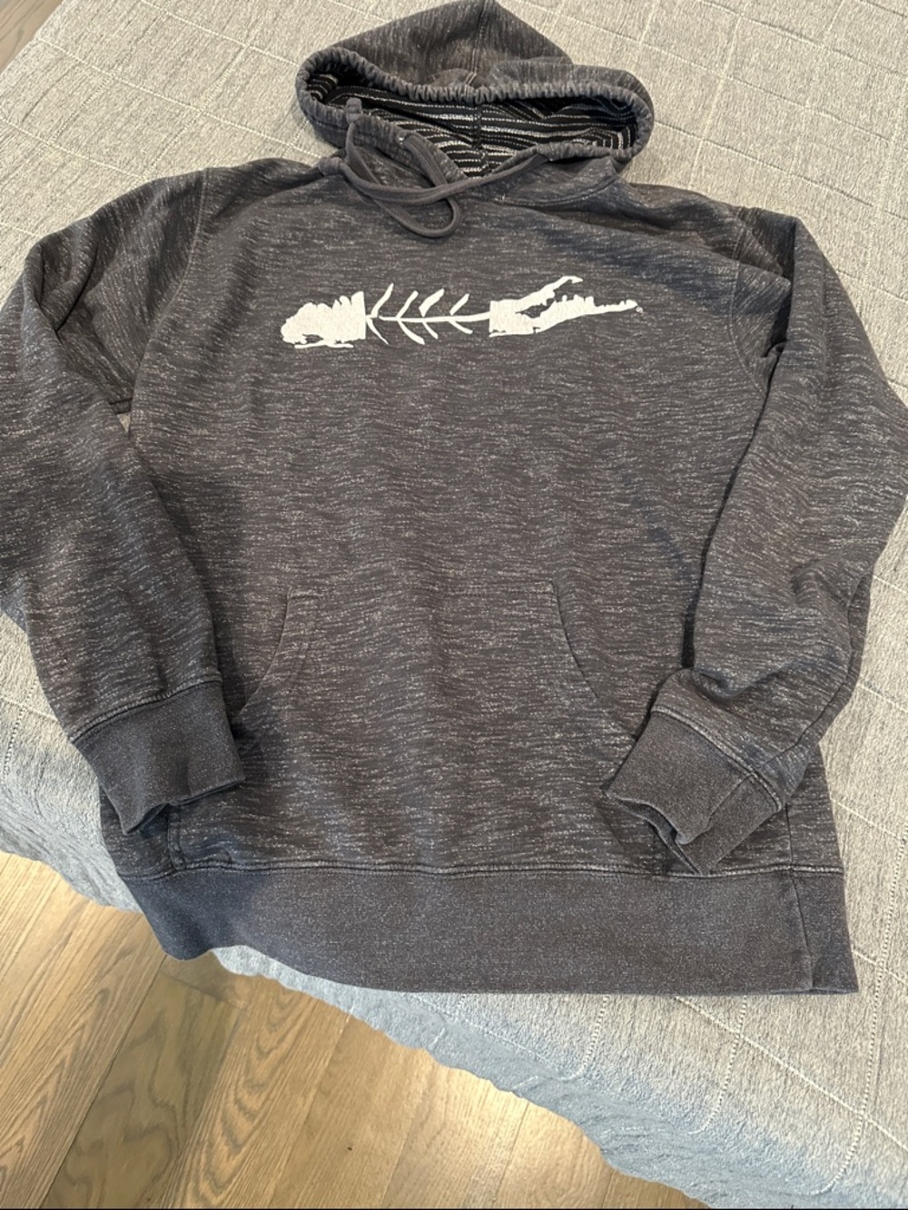 Men's Charcoal Hooded Pullover Sweatshirt with White Fish Skeleton Graphic